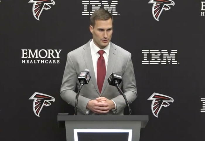 Kirk Cousins during his opening press conference with the Atlanta Falcons on March 13, 2024.